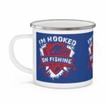 Blue enamel fishing mug with “I’m Hooked on Fishing” graphic, perfect for anglers and outdoor enthusiasts