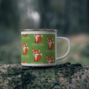 Green enamel mug with red fox illustrations and “Foxy Lady” text, perfect for fun-loving and confident women