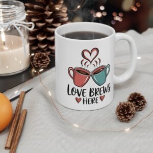 Love Brews Here - Coffee Mug - Cute Heart and Coffee Design, Romantic Gift for Couples, Perfect for Valentine's Day or Anniversaries