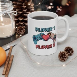 Player 1 Player 2 - Coffee Mug - Pixel Heart Gaming Design, Perfect Valentine's Day or Anniversary Gift for Gamer Couples