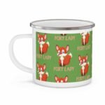 Green enamel mug with red fox illustrations and “Foxy Lady” text, perfect for fun-loving and confident women