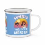 Summer holiday enamel mug with beach sunset, palm tree, and “Summer Is Here and So Am I” vacation design