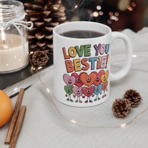 Love You Bestie - Coffee Mug - Colorful Heart Design, Cute Friendship Gift, Perfect for Valentine's Day or Birthdays