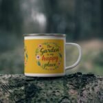 Floral enamel camping mug with ‘The Garden Is My Happy Place’ design