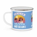 Summer holiday enamel mug with beach sunset, palm tree, and “Summer Is Here and So Am I” vacation design