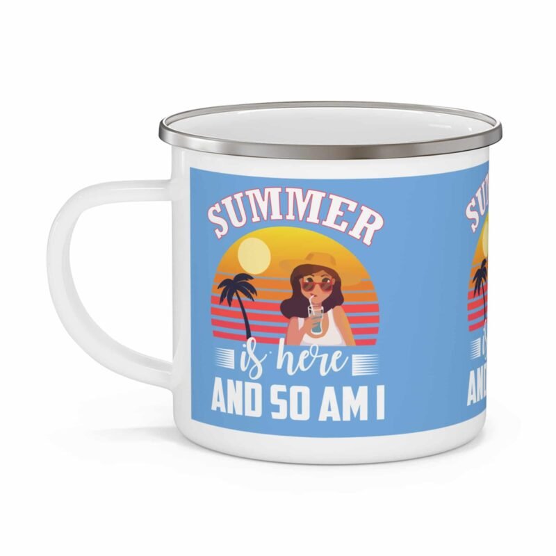 Summer holiday enamel mug with beach sunset, palm tree, and “Summer Is Here and So Am I” vacation design