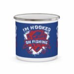 Blue enamel fishing mug with “I’m Hooked on Fishing” graphic, perfect for anglers and outdoor enthusiasts