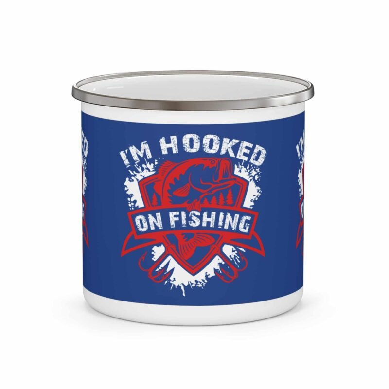 Blue enamel fishing mug with “I’m Hooked on Fishing” graphic, perfect for anglers and outdoor enthusiasts
