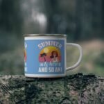 Summer holiday enamel mug with beach sunset, palm tree, and “Summer Is Here and So Am I” vacation design