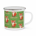 Green enamel mug with red fox illustrations and “Foxy Lady” text, perfect for fun-loving and confident women