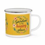 Floral enamel camping mug with ‘The Garden Is My Happy Place’ design