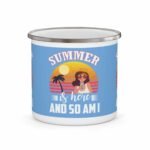 Summer holiday enamel mug with beach sunset, palm tree, and “Summer Is Here and So Am I” vacation design