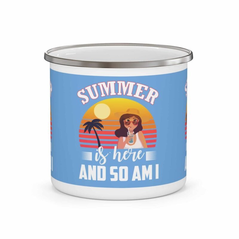 Summer holiday enamel mug with beach sunset, palm tree, and “Summer Is Here and So Am I” vacation design