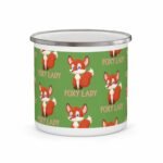 Green enamel mug with red fox illustrations and “Foxy Lady” text, perfect for fun-loving and confident women