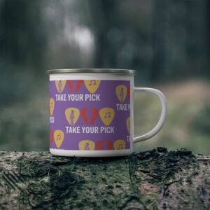 Enamel guitar cup with purple background, guitar picks, and “Take Your Pick” musical design for musicians