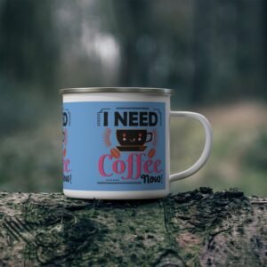 Blue enamelware coffee mug with “I Need Coffee Now” text and cute smiling coffee cup design for caffeine lovers