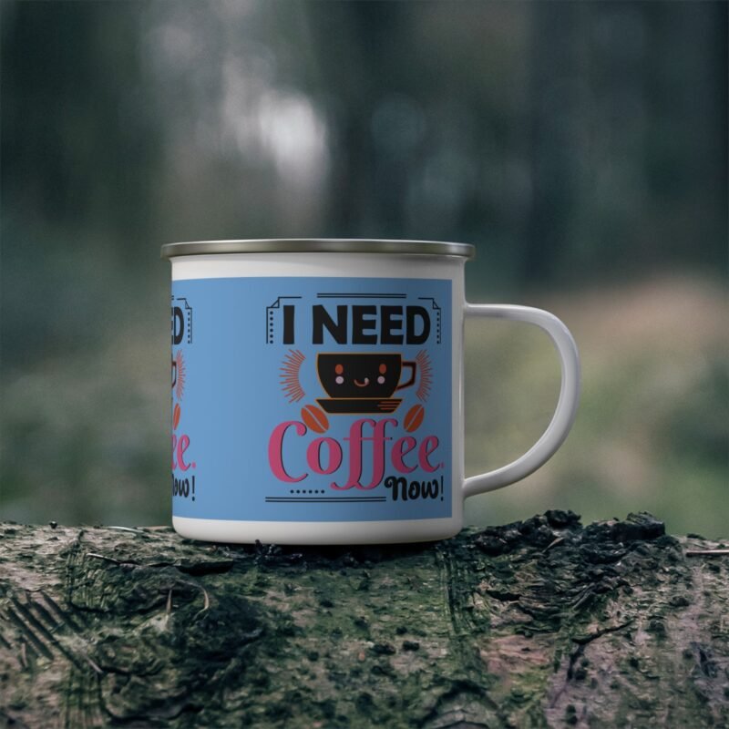 Blue enamelware coffee mug with “I Need Coffee Now” text and cute smiling coffee cup design for caffeine lovers-2.jpeg Blue enamelware coffee mug with “I Need Coffee Now” text and cute smiling coffee cup design for caffeine lovers