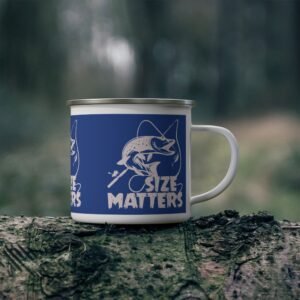Outdoor Adventure Enamel Camping Mug - 'Size Matters' Fishing Design