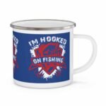 Blue enamel fishing mug with “I’m Hooked on Fishing” graphic, perfect for anglers and outdoor enthusiasts