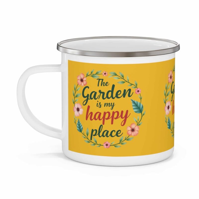 Floral enamel camping mug with ‘The Garden Is My Happy Place’ design