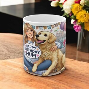 Happy Birthday Mum Mug - Golden Retriever Saying "Happy Birthday" - Dog Lover Gift