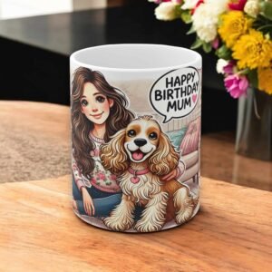 Happy Birthday Mum Mug - Cute Cocker Spaniel Saying "Happy Birthday" - Dog Lover Gift