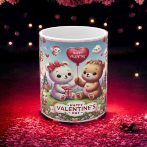 Valentine's Day Mug - Cute Bears & Bunnies in Floral Scene