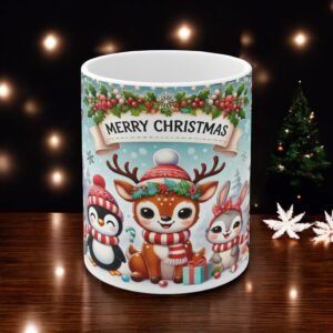Merry Christmas Mug - Cute Reindeer, Penguin & Bunny Design