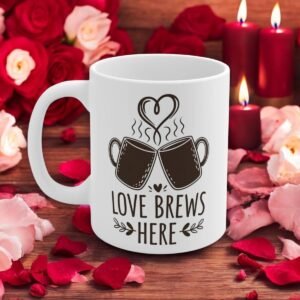 Love Brews Here - Coffee Mug - Romantic Gift for Couples, Heart Coffee Design, Perfect for Valentine's Day or Anniversaries