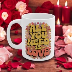 All You Need is Love - Coffee Mug - Retro Flower Design, Cute Romantic Gift for Couples, Valentine's Day or Anniversary Mug