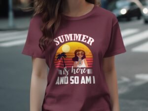 Summer Is Here Tropical Lady Sun Palm Tree Scene T-Shirt