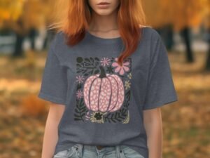 Pink Pumpkin Floral Decorative Graphic Design T-Shirt