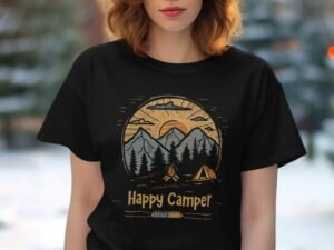 Happy Camper Mountain Hiking Graphic Print Design T-Shirt