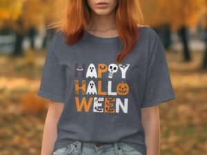 Happy Halloween with Ghost and Bats Patterned T-Shirt