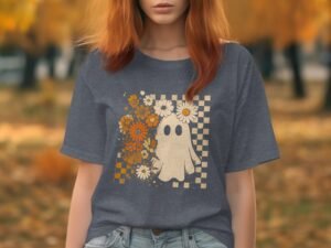 Floral Ghost with Checkered Background Spooky Cute T-Shirt