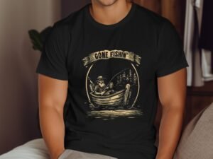 Gone Fishin Man in a Boat River Fishing Trip Design T-Shirt