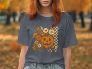 Retro Pumpkin with Flowers and Checkered Pattern T-Shirt